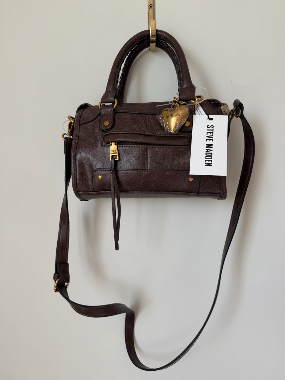 Brown Leather Mini Satchel bag with rhinestone heart charm gold hardware